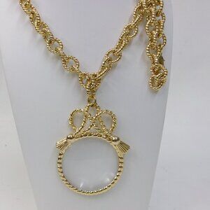 Vintage St John Gold-Plated Magnifier Glass Pendant Necklace 30" Chain